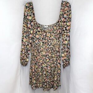 Elodie Women's Floral Long Sleeve Smocked Dress Black Size L Pleated